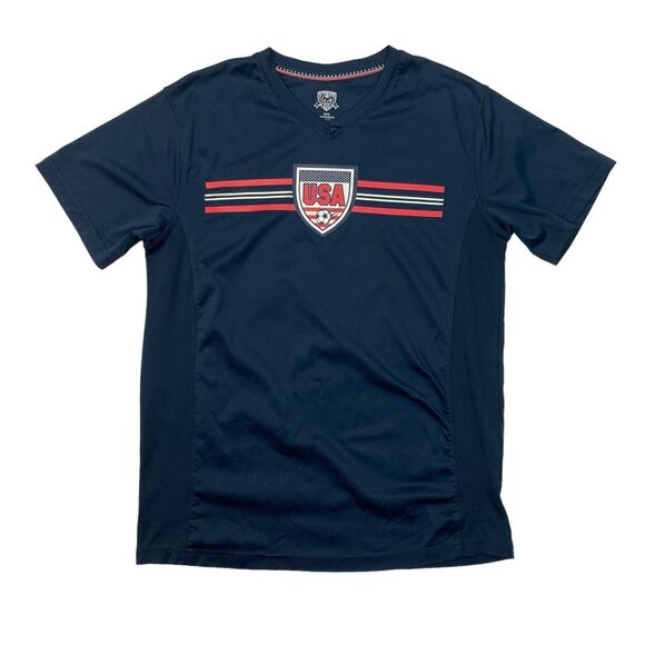 Striker Soccer Team USA T Shirt Mens M Medium Navy Blue V Neck Short Sleeve - Picture 1 of 13